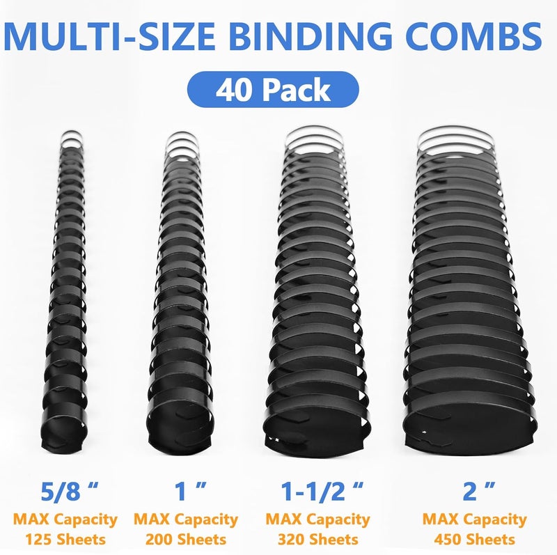 HOUYEE 40 Pack Multi-Size Ring Binding Combs: 5/8 Inch, 1 Inch, 1-1/2 Inch,2 Inch,Letter Size Black Plastic Spines - Image 2
